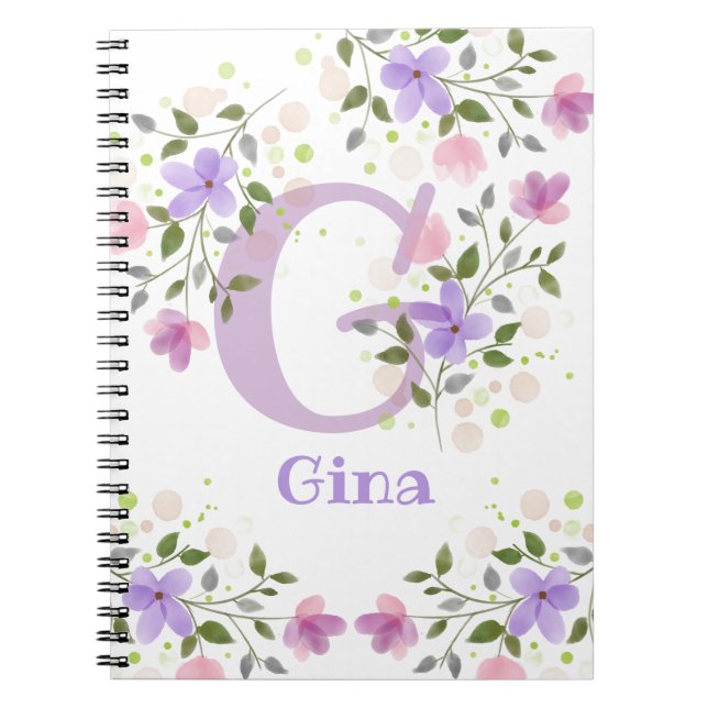 Caderno Espiral First Initial Plus Name Gina with Flowers (Frente)