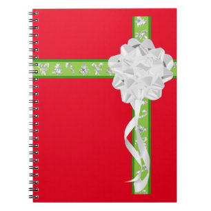 Caderno Espiral fita de arco prateado de presente