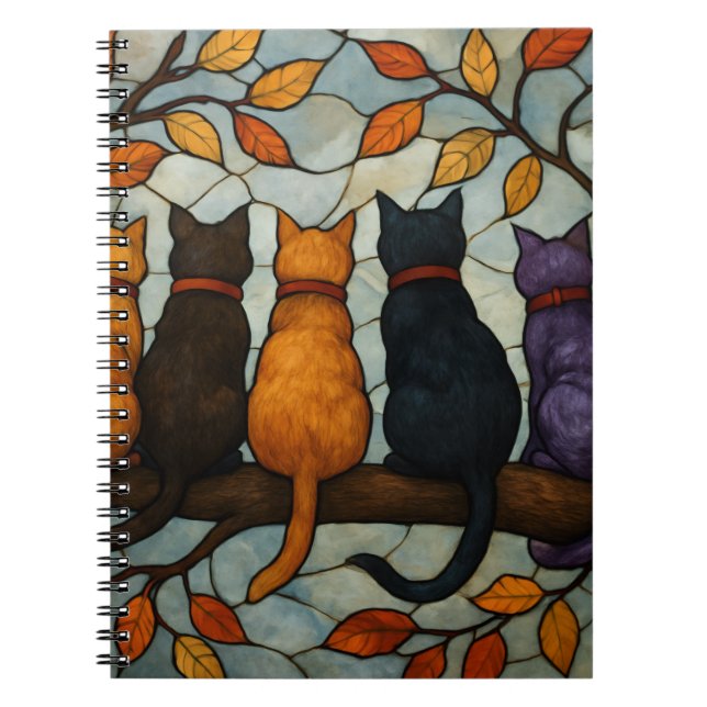 Caderno Espiral Five Cats on a Tree Branch Stained Glass Style (Frente)