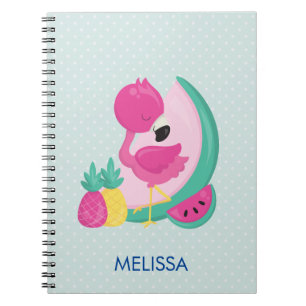 Caderno Espiral Flamingo rosa com melancia e abacaxi