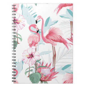 Caderno Espiral Flamingo rosa e flores exóticas, folhas de palma,