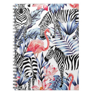 Caderno Espiral Flamingo rosa exótico, zebra ao fundo no verão b