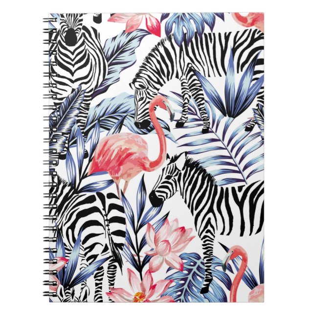 Caderno Espiral Flamingo rosa exótico, zebra ao fundo no verão b (Frente)