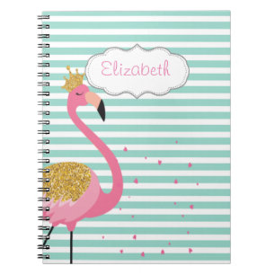 Caderno Espiral Flamingo Rosa Fofo Listras Brancas Verde Menta