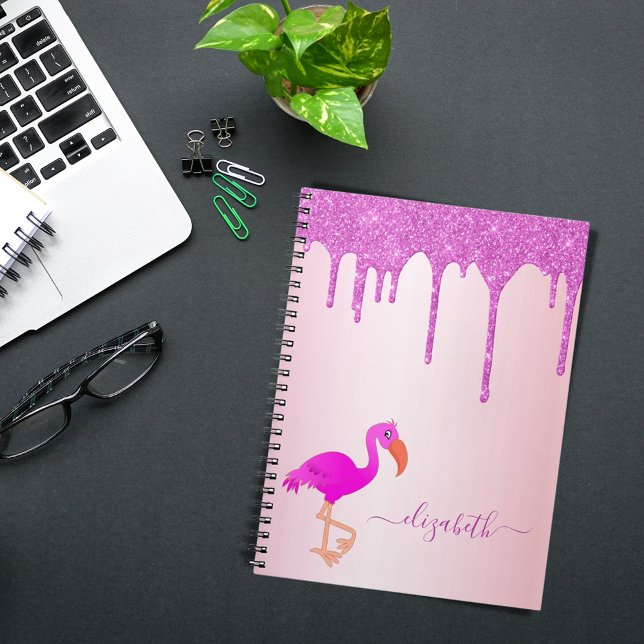 Caderno Espiral Flamingo rosa gold glitter púrpura nome (Criador carregado)