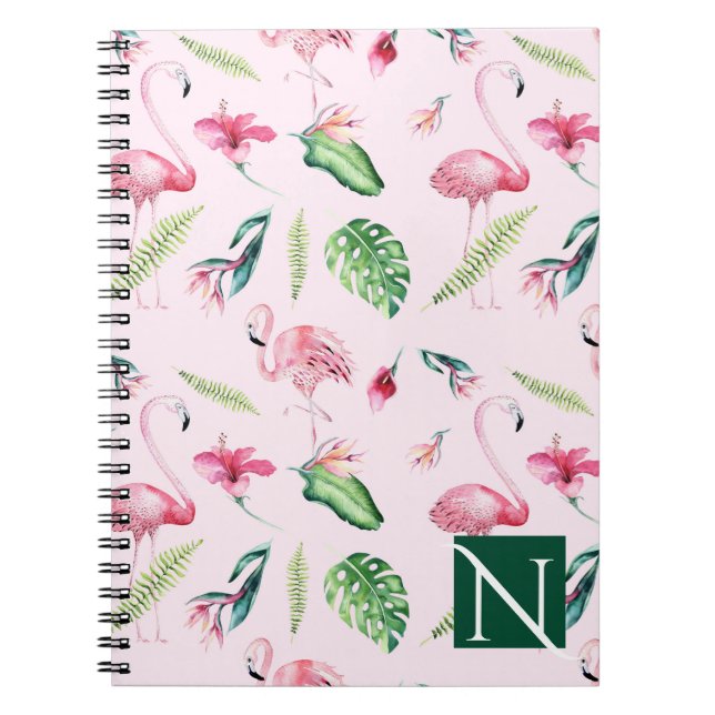 Caderno Espiral Flamingo Rosa Hibisco Tropical Floral Divertido Ve (Frente)