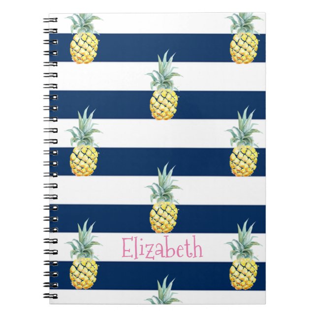 Caderno Espiral Flamingo Rosa, Marinho Azul, Stripes Personalizada (Frente)