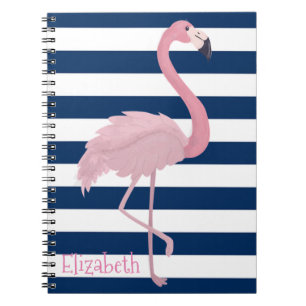 Caderno Espiral Flamingo Rosa, Marinho Azul, Stripes Personalizada