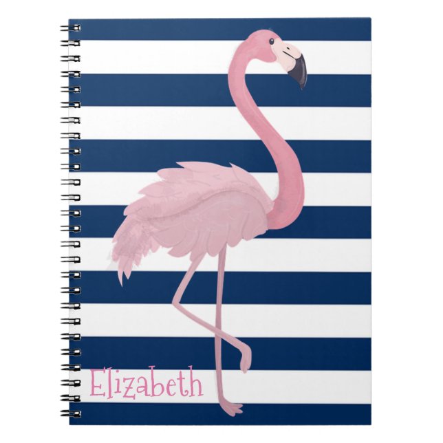 Caderno Espiral Flamingo Rosa, Marinho Azul, Stripes Personalizada (Frente)