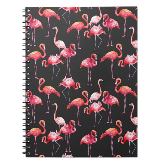 Caderno Espiral Flamingo Rosa: Padrão Tropical de Aquarela. (Frente)