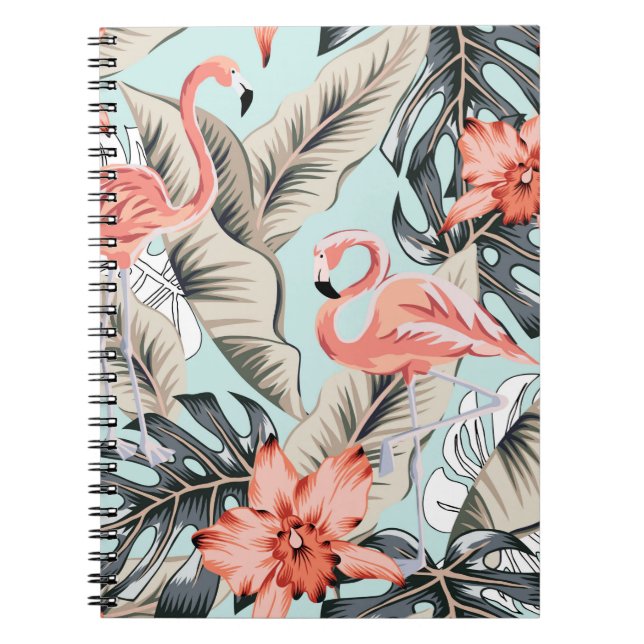 Caderno Espiral Flamingo rosa tropical com flores de orquídeas e l (Frente)