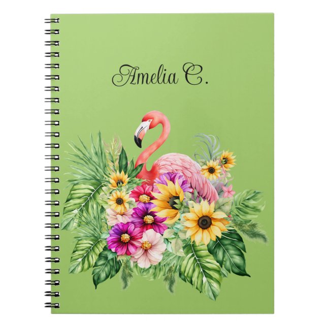 Caderno Espiral Flamingo Tropical Florais e Girassóis Cheios (Frente)