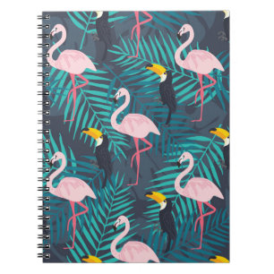 Caderno Espiral Flamingo, tucano: padrão das folhas tropicais