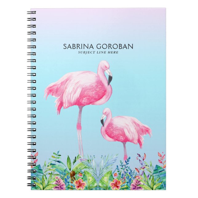 Caderno Espiral Flamingos Brancos e Rosa Com Flores Tropicais (Frente)