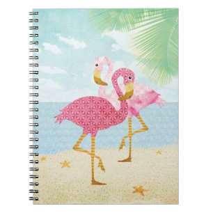 Caderno Espiral Flamingos cor-de-rosa da aguarela na praia