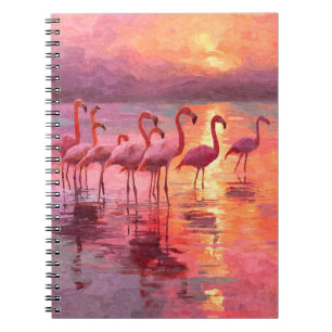 Caderno Espiral Flamingos Cor-de-rosa Reflexão de Água Pôr do Sol