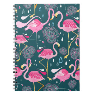 Caderno Espiral Flamingos Fllowers: Gráfico Escuro Sem Costura.
