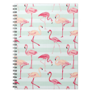 Caderno Espiral Flamingos retros em listras da hortelã