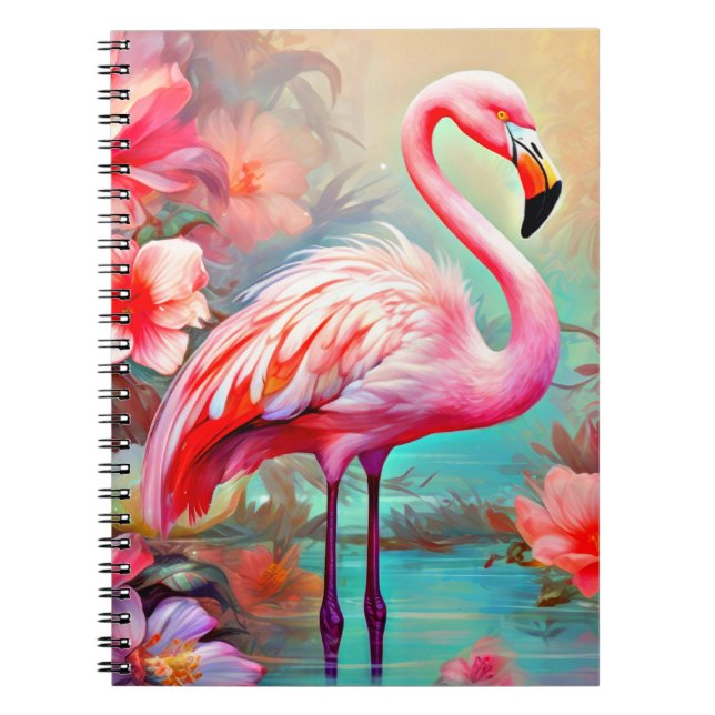 Caderno Espiral Flamingos rosa em um lago com flores-20231 (Frente)