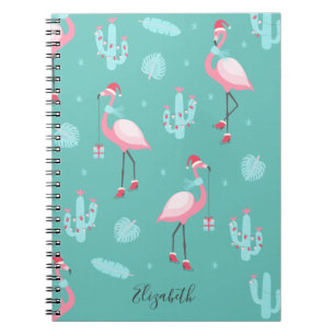 Caderno Espiral Flamingos Santa Hat apresenta flocos de neve