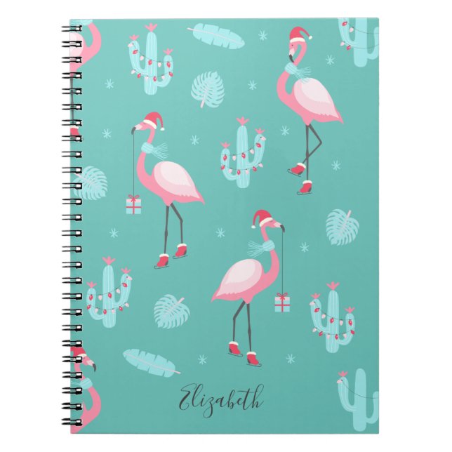 Caderno Espiral Flamingos Santa Hat apresenta flocos de neve (Frente)