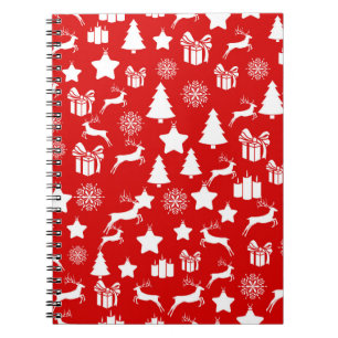 Caderno Espiral Floco de neve branco de Natal em bakcgrou vermelho