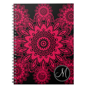 Caderno Espiral Floco de neve de rendas preto-quente, cor-de-rosa-