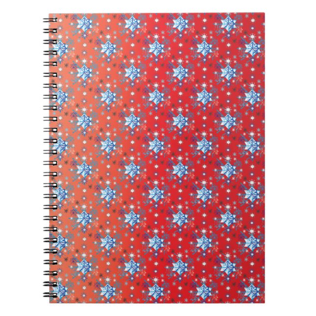 Caderno Espiral Flocos de neve de Natal abstrato vermelho e azul (Frente)