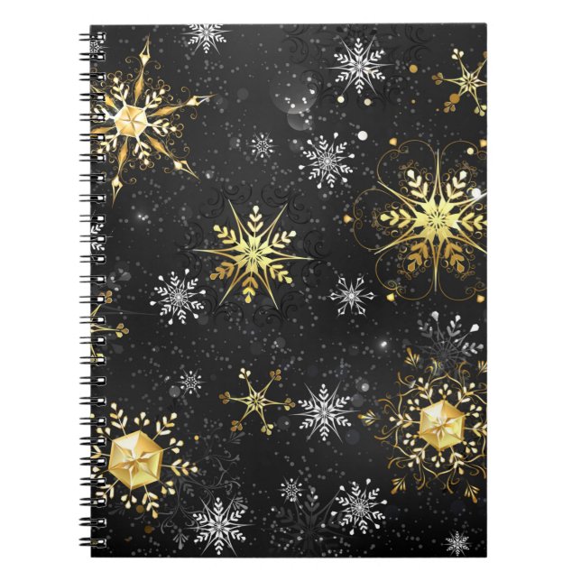 Caderno Espiral Flocos de neve do Ouro Xmas em preto (Frente)