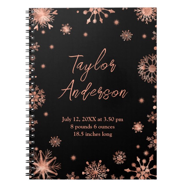 Caderno Espiral Flocos de neve Dourados rosa em Neves Negros (Frente)