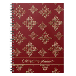 Caderno Espiral Flocos de Neve em Folha de Ouro Falsa Sobre Vermel