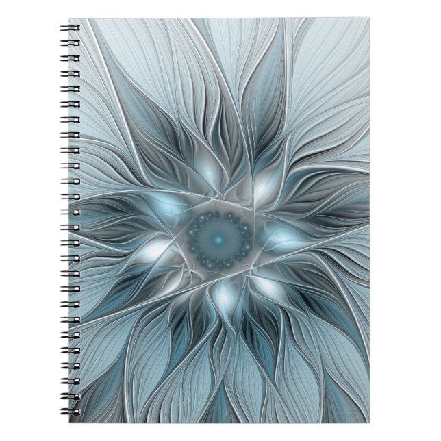 Caderno Espiral Flor Abstrata Alegre Azul Cinza Fractal Floral (Frente)