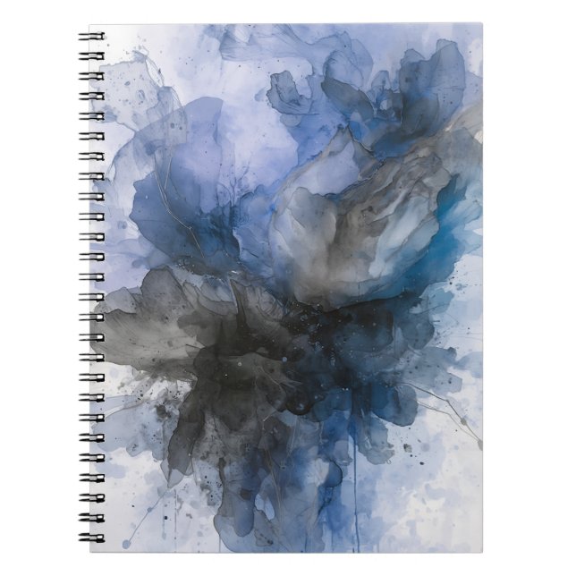 Caderno Espiral Flor Abstrata Cinza e Azul Elegante (Frente)