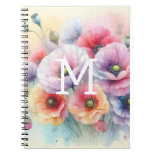 Caderno Espiral Flor-aquarela monograma cor-de-rosa-papoila-vermel