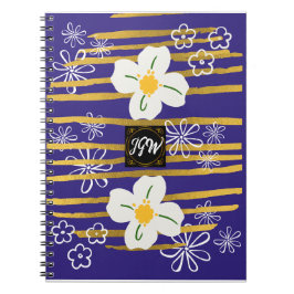 Caderno Espiral Flor Azul, Dourado e Branco
