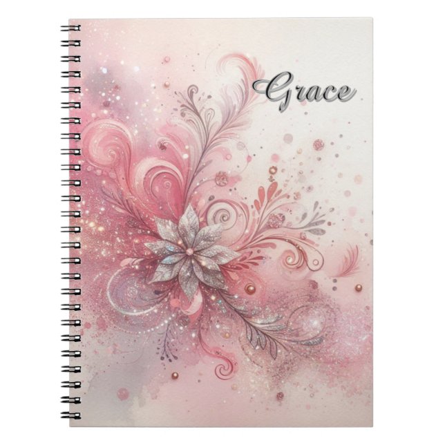 Caderno Espiral Flor Brilhante Rosa, Silver Sparkle, Personalizado (Frente)