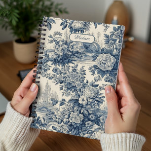 Caderno Espiral Flor chic vintage monograma azul toile de jouy