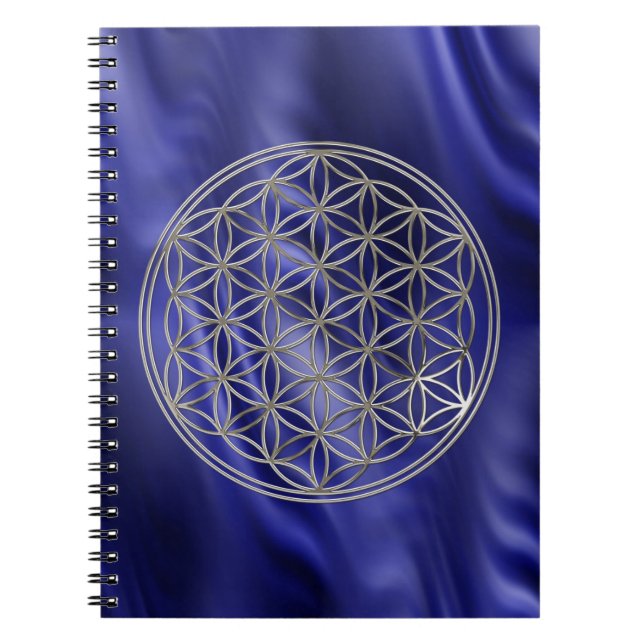 Caderno Espiral FLOR DA VIDA - prata + ondas azuis (Frente)