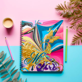 Caderno Espiral Flor de Borboleta Dourada Monograma Líquido Abstra