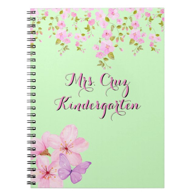 Caderno Espiral Flor de Cerejeira Bonito Rosa & Verde Personalizad (Frente)