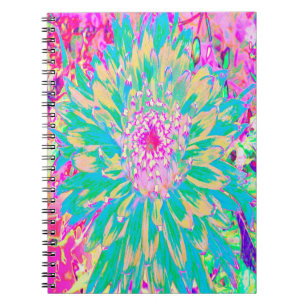 Caderno Espiral Flor de Dália Teal Verde e Rosa Quente Decorativa