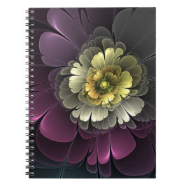 Caderno Espiral Flor de Fractal Abstrato Moderno Purpur Khaki Cinz