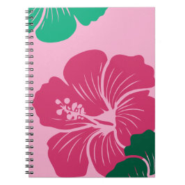 Caderno Espiral Flor de Hibisco Rosa Quente com Folhas Verdes