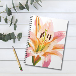 Caderno Espiral Flor de Lírio Rosa | Pintura Floral em Aquarela