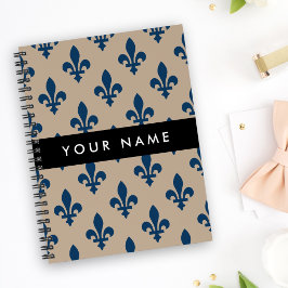 Caderno Espiral Flor de Lis, Azul Marinho em Bege, Real, Seu Nome