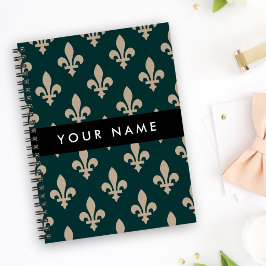 Caderno Espiral Flor de Lis, Bege sobre Verde, Real, Seu Nome