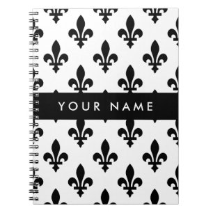 Caderno Espiral Flor de Lis, Preto sobre Branco, Preto, Seu Nome