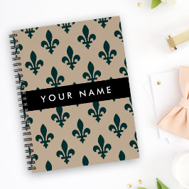 Caderno Espiral Flor de Lis, Verde no Bege, Real, Seu Nome
