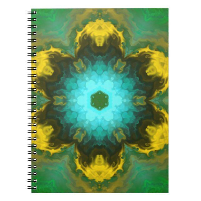 Caderno Espiral Flor de Mandala Psicodélico Amarelo e Verde (Frente)