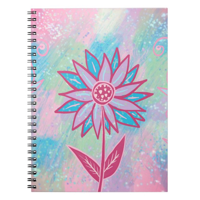 Caderno Espiral Flor de Pastel, desenhado à mão, (Frente)